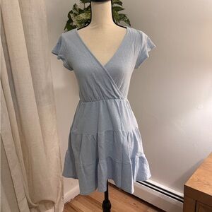 Light Blue V-Neck Tiered Mini Dress
